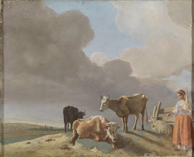 Paesaggio con mucche, pecore e pastorella, copia modificata di un dipinto di Paulus Potter, la pastorella copiata da un dipinto di Karel Dujardin (recto); ritratto incompiuto di un uomo (verso) da Jean Étienne Liotard