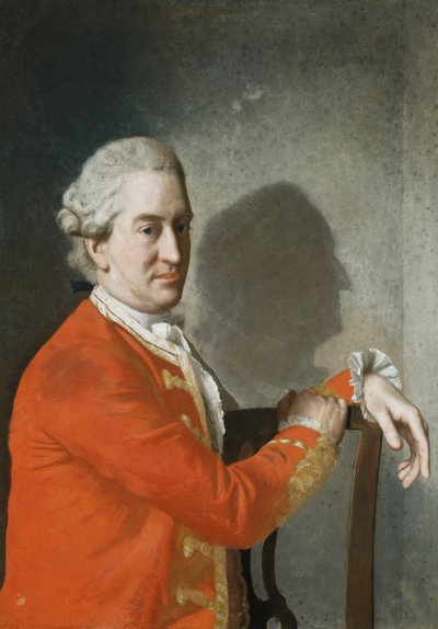 Ritratto di James Hamilton, 2° conte di Clanbrassil, mezzo busto, in un cappotto rosso, seduto su una sedia di mogano, il suo profilo proiettato in ombra sul muro dietro da Jean Étienne Liotard
