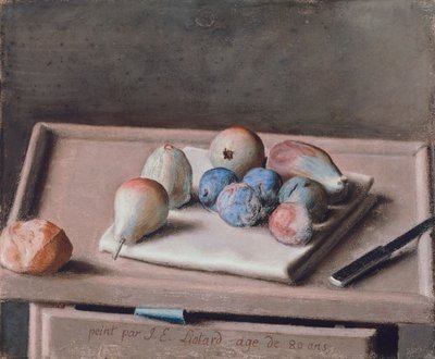 Natura morta con pere, fichi, prugne, panino e coltello sul tavolo da Jean Étienne Liotard