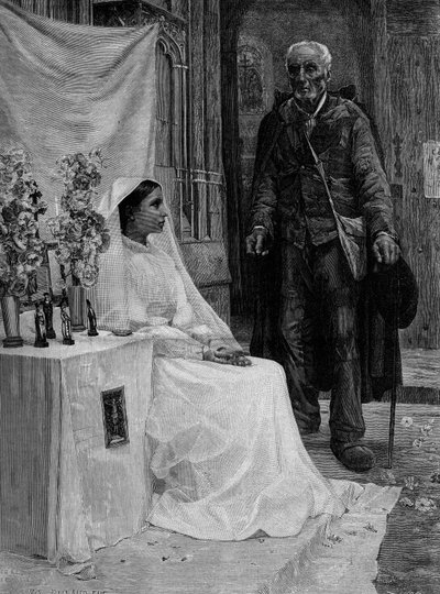 Offerta a Dio. Incisione da un dipinto di Jean Eugène Buland. XIX secolo. In 