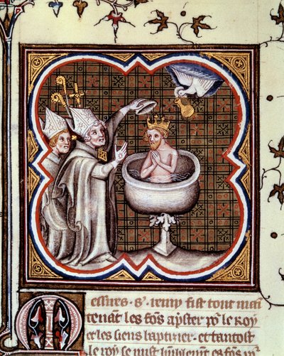 Battesimo di Clodoveo (466-511) da parte di San Remigio (San Remi) a Reims nel 496: lo Spirito Santo porta l