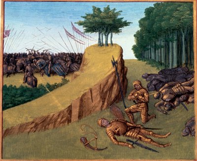 Battaglia di Roncisvalle (778). Rolando morì a Roncisvalle. Miniatura in “Grandes Chroniques de France” (Folio 113) di Jean Fouquet (141.-147.) BN, Parigi. da Jean Fouquet
