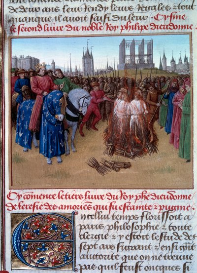 Condanna e tortura degli amauriciani (sostenitori di Amaury de Chartres, filosofo e teologo francese del XII secolo) alla presenza di Filippo II detto Filippo Augusto (1165-1223). Manoscritto “Grandes Chroniques de France” (Folio 236 da Jean Fouquet