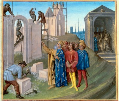 Costruzione del palazzo di Aquisgrana (796-805) da parte di Carlo Magno (742-814) che sovrintende al cantiere. A destra, Pipino il Gobbo (770-811) che diventa monaco. Miniatura dalle 