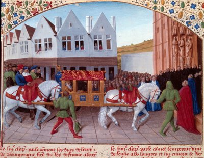 Entrata di Carlo IV (1316-1378) imperatore tedesco nel 1378 a Saint-Denis. Miniatura tratta da "Grandi Cronache di Francia" (Folio 442). Miniatura di Jean Fouquet (XV secolo) da Jean Fouquet