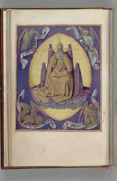Dio Padre con simboli dei quattro Evangelisti negli angoli. Libro delle Ore da Jean Fouquet