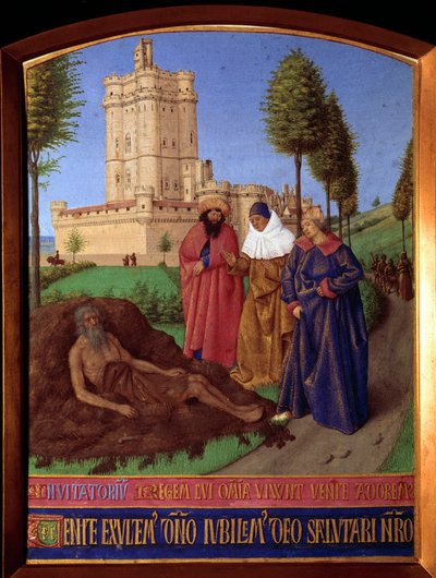 Giobbe sul suo letamaio, sopraffatto da tutte le disgrazie Miniatura in “Le Ore di Etienne Chevalier” di Jean Fouquet (1420-1481) da Jean Fouquet