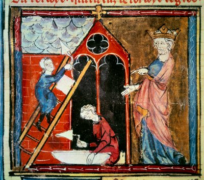 Luigi VI il Grosso (1081 - 1137) che supervisiona la costruzione di un edificio. Miniatura in "Grandi cronache di Francia" di Jean Fouquet (1420-1481) da Jean Fouquet