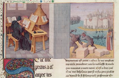 Ms.fr.273 fol.7 Livio (59 a.C.-17 d.C.) che scrive e la fondazione di Roma, da 