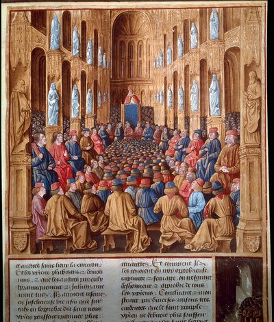 Papa Urbano II (1042-1099) predica la prima crociata al Concilio di Clermont, Francia, unendo cavalieri, nobiltà e cardinali da Jean Fouquet