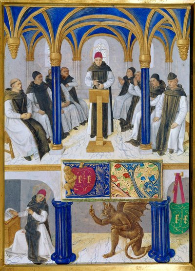 Rappresentazione di San Bernardo di Chiaravalle (1090-1153) tentato dal diavolo. Miniatura tratta da 
