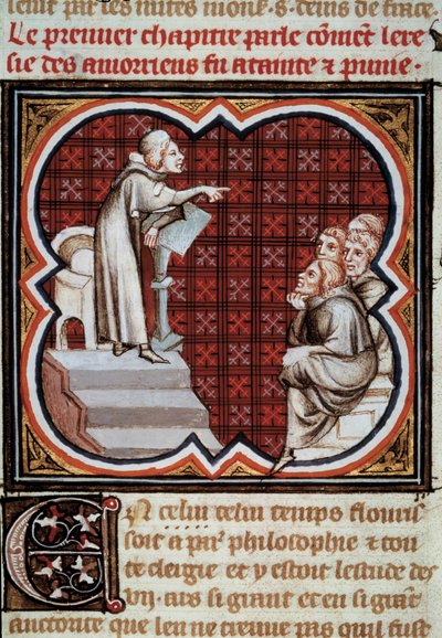 Il filosofo e teologo francese Amaury de Chartres (o Amaury de Bene o Amalricus de Bene) (morto nel 1209) davanti ai suoi discepoli (gli Amauriciani). Miniatura dalle Grandes Chroniques de France illuminata da Jean Fouquet (1420-1481) da Jean Fouquet