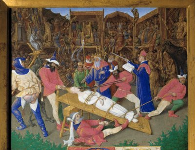 I voti dei santi. Martirio di Santa Apollonia. La santa cristiana Apollonia di Alessandria è torturata dai pagani nel 249 d.C. Gli esecutori le tirano i capelli e le rompono i denti. L