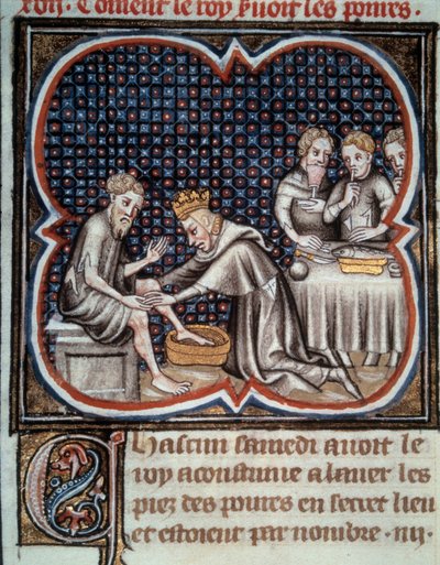 Il piede di Re Luigi IX (San Luigi): dà cibo e lava i piedi ai poveri. Miniatura dal manoscritto "Les Grandes Chroniques de France" di Jean Fouquet, XV secolo. Parigi, B.N. da Jean Fouquet