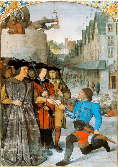 Visconte di Rochechouart che riceve un messaggero reale. Miniatura di Jean Fouquet da 