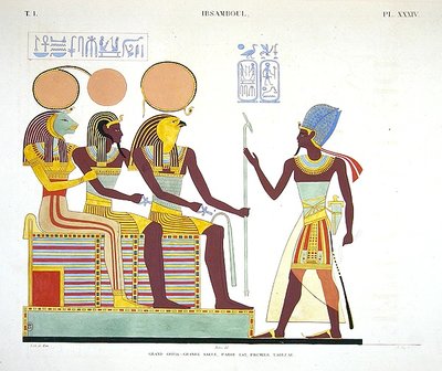 Affresco di Ibsambul raffigurante Ramesses II di fronte a Sekhmet, possibilmente una deificazione di Ramesses II e Re-horakhty da Jean Francois Champollion