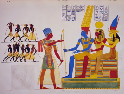 Ramses II davanti alla Triade, affresco dalla parete est della grande sala di Abu Simbel, dai Monumenti dell