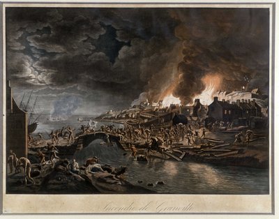 Granville in fiamme assediata dai Vandeani, basato su un dipinto di J. François Hue, c. 1800 da Jean Francois Hue
