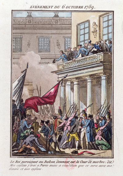 Luigi XVI appare sul balcone a Versailles il 6 ottobre 1789 per dire alla folla parigina che andrà a Parigi a condizione che sua moglie e la sua famiglia viaggino con lui da Jean Francois Janinet
