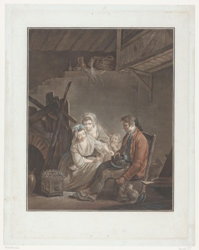 Due donne e un bambino con un uomo che nasconde un uccello da Jean Francois Janinet