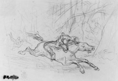 Uomo legato su un cavallo selvaggio in una foresta. Simon Butler da Jean Francois Millet