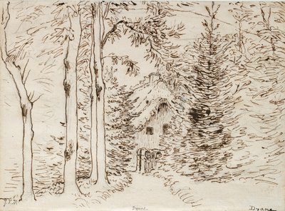 Sentiero attraverso i boschi verso una casa dal tetto di paglia da Jean Francois Millet