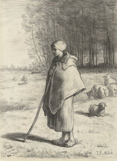 Pastorella appoggiata a un bastone da Jean Francois Millet