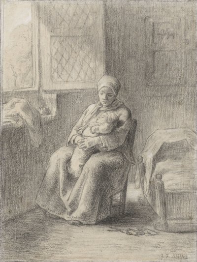 Donna seduta con un bambino vicino a una finestra, c.1824-75 da Jean Francois Millet