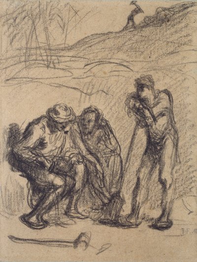 Tre contadini che riposano, uno appoggiato a una vanga, c. 1850-1851 da Jean Francois Millet