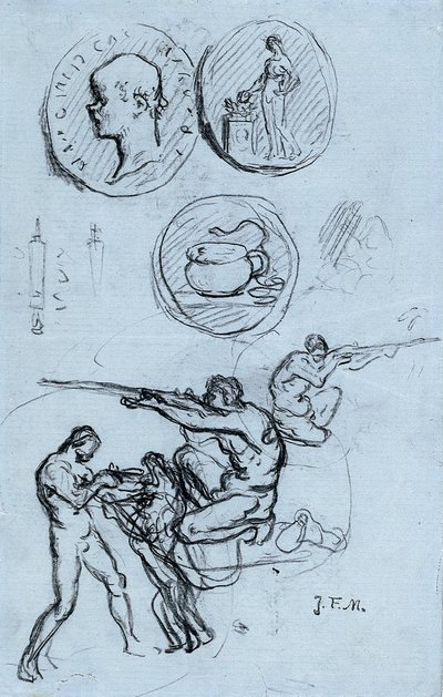 Tre studi per monete antiche, cacciatori e un uomo con un leone da Jean Francois Millet