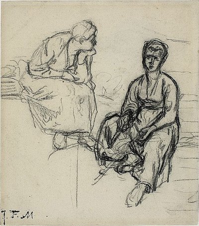 Due Studi di una Contadina Seduta (recto); Studio di una Giovane Ragazza con Cappello (verso) da Jean Francois Millet
