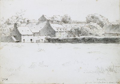 Veduta di edifici agricoli attraverso un campo, 1871 da Jean Francois Millet