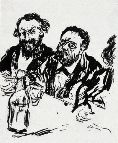 Il pittore Edouard Manet (1832-1883) e lo scrittore Emile Zola (1840-1902) a tavola. Caricatura di Jean Francois Raffaelli (1850-1924) da Jean Francois Raffaelli