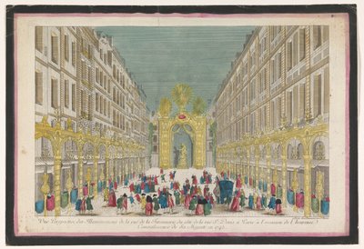 Vista della decorazione di Rue de la Feronnerie a Parigi per il recupero di Luigi XV, re di Francia, nel 1745 da Jean François Daumont