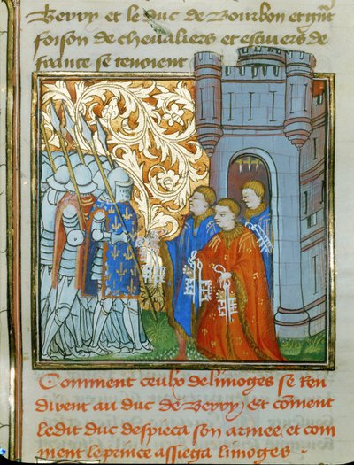 Tre magistrati di Limoges, in abiti da cerimonia, consegnano le chiavi della città al duca di Berry ... da Jean Froissart