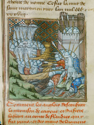 Due navi inglesi con soldati dotati di armature e lance attaccano il porto di Cadsand nelle Fiandre ... da Jean Froissart