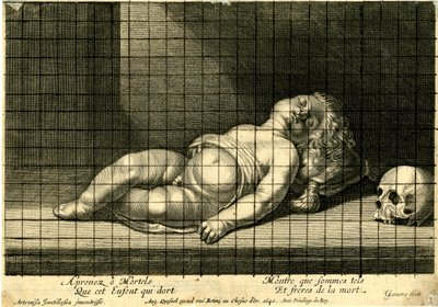 Jean Ganière - Bambino che dorme con la testa appoggiata su un cuscino; teschio a destra. 1640 da Jean Ganière