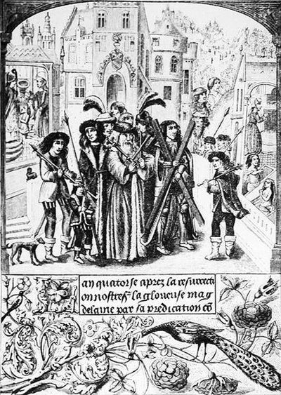 Origine leggendaria della Croce di Borgogna, Etienne, un leggendario re di Borgogna, fa un pellegrinaggio a San Vittore di Marsiglia, a cui ha portato la Croce di Sant