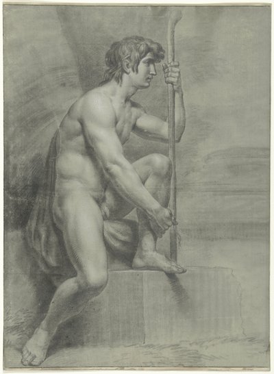 Nudo maschile seduto con bastone e gamba sinistra sollevata da Jean Grandjean