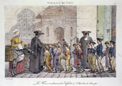 Antico mestiere di strada a Parigi: i fratelli che portano i bambini a Saint Nicolas des Champs, Scuola cattolica - Incisione di Jean Henry Marlet in "Les Tableaux de Paris", serie di 72 stampe, fine XIX secolo da Jean Henri Marlet