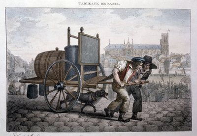 Antico mestiere di strada a Parigi: bagno a domicilio (due uomini tirano un carretto con una botte piena d