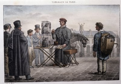 Antica strada dei mestieri a Parigi: il mercante di morte dei topi (camelot). Incisione di Jean Henry Marlet (1771-1847) in "Les Tableaux de Paris", serie di 72 stampe, fine XIX secolo da Jean Henri Marlet