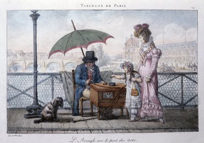 Vecchia scena di strada a Parigi: mendicante cieco sul ponte delle arti. Incisione di Jean Henry Marlet (1771-1847) in "Les Tableaux de Paris", serie di 72 stampe, fine XIX secolo da Jean Henri Marlet