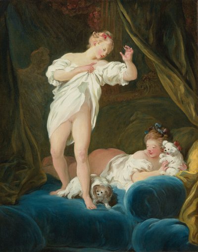 Due ragazze su un letto che giocano con i loro cani da Jean-Honore Fragonard