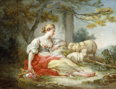 Una pastorella seduta con pecore e un cesto di fiori vicino a una rovina in un paesaggio boscoso da Jean Honore Fragonard