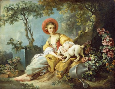 Una giovane donna seduta con un cane e un annaffiatoio in un giardino da Jean Honore Fragonard