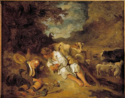 Mercurio e Argo incaricato da Giunone di sorvegliare Io trasformata in mucca, Argo si addormenta. Travestito da pastore, Mercurio predica per ucciderlo e liberare la ninfa amata da Giove da Jean Honore Fragonard