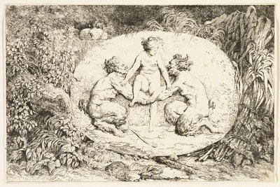 Ninfa seduta sulle mani di due satiri dai Baccanali, o Giochi dei satiri da Jean Honore Fragonard