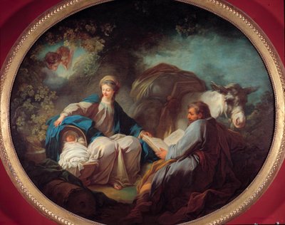 Riposo durante la fuga in Egitto La sacra famiglia si riposa durante il viaggio. Dipinto di Jean Honore Fragonard (1732-1806) XVIII secolo Collezione privata da Jean Honore Fragonard