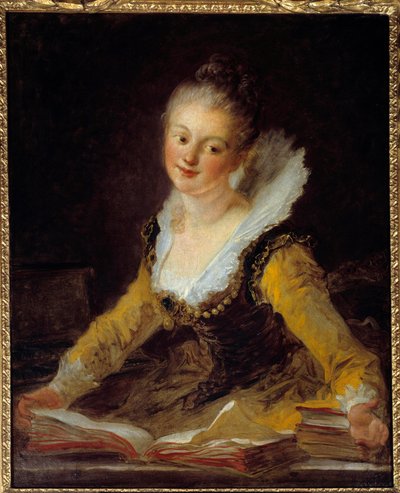 Studio. Una donna nel suo ufficio sfoglia libri per imparare da Jean Honore Fragonard
